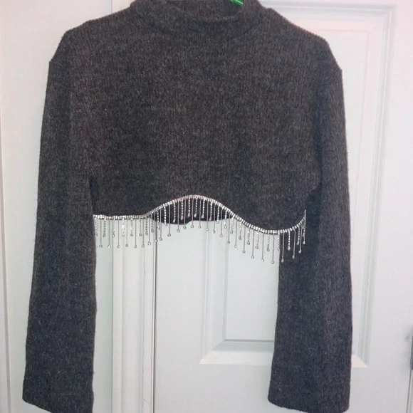 NWT Elegant Gray Sweater with jewel Silver Accents - Picture 5 of 8